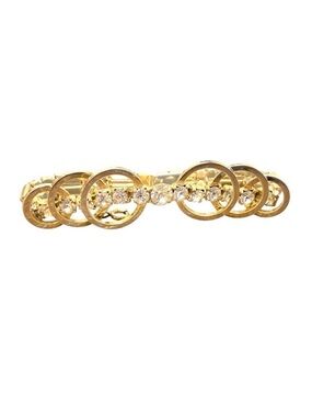 Vintage Gold Tone Interlocking Circle Rhinestone Bracelet 7” Mid Century Modern